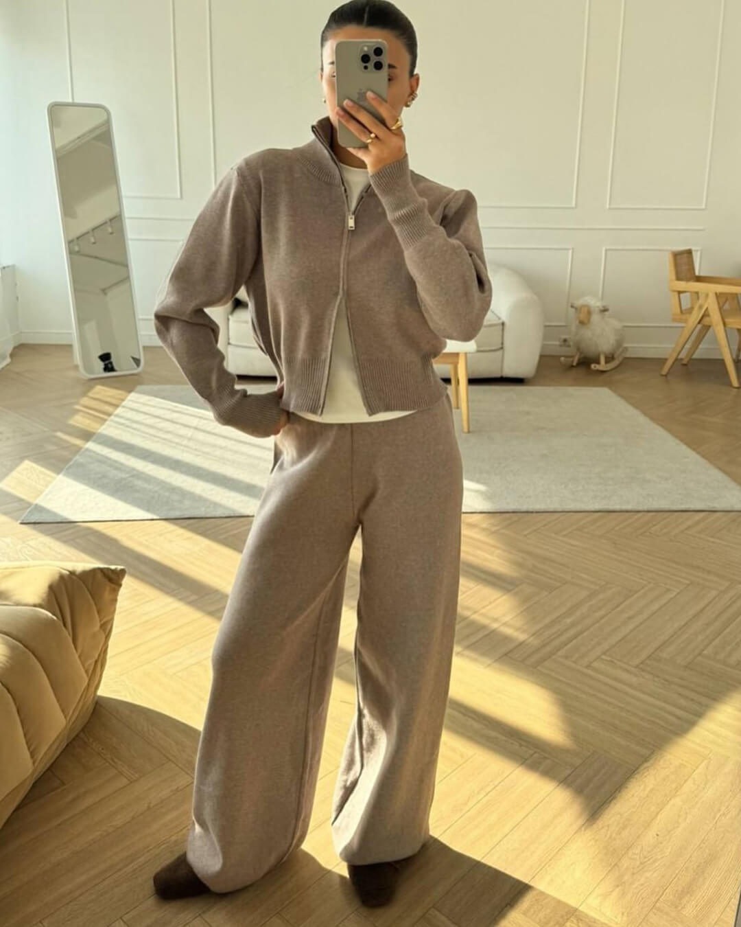 SEAME - Clarisse Set - Cozy Knitted Jacket and Wide Leg Trousers Brown XS