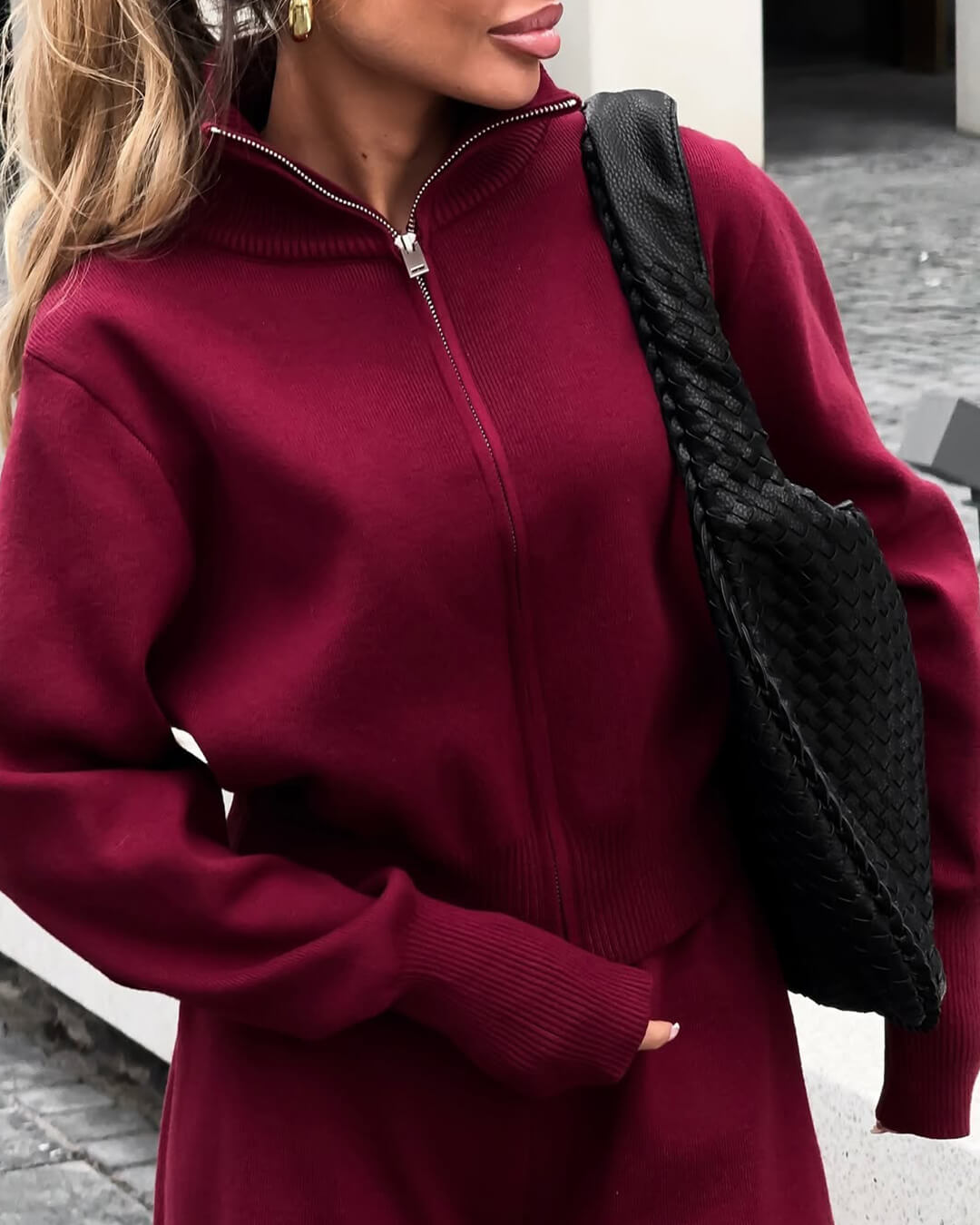 SEAME - Clarisse Set - Cozy Knitted Jacket and Wide Leg Trousers Burgundy S