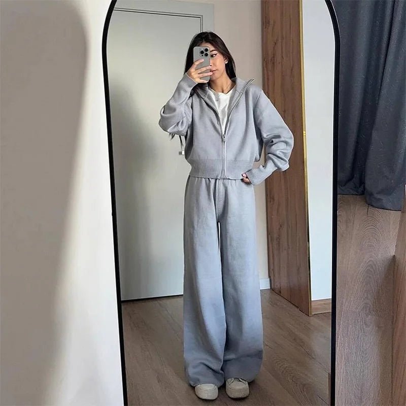 SEAME - Clarisse Set - Cozy Knitted Jacket and Wide Leg Trousers Grey XS