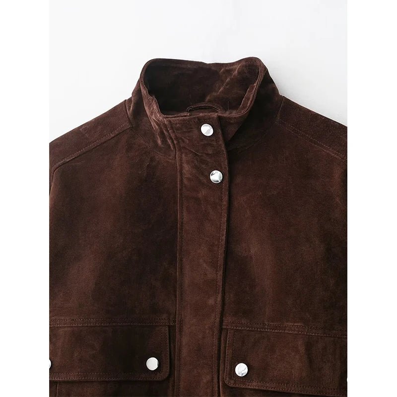 SEAME - Eve Suede Bomber Jacket Dark Brown L