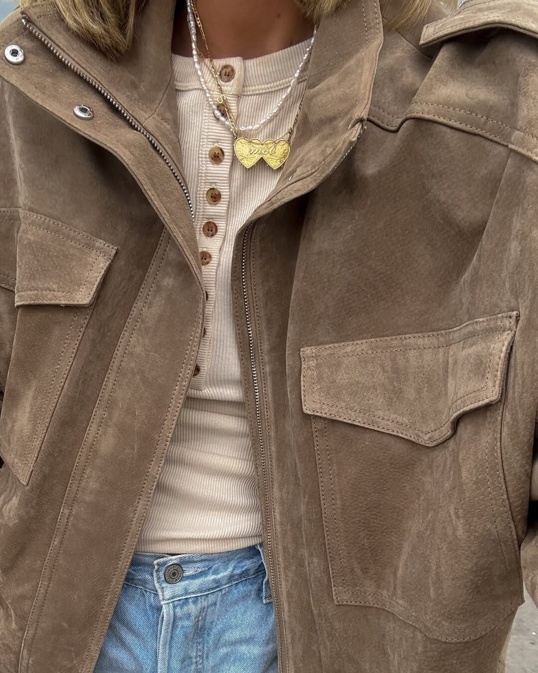 SEAME - Greta Suede Moto Jacket Beige L